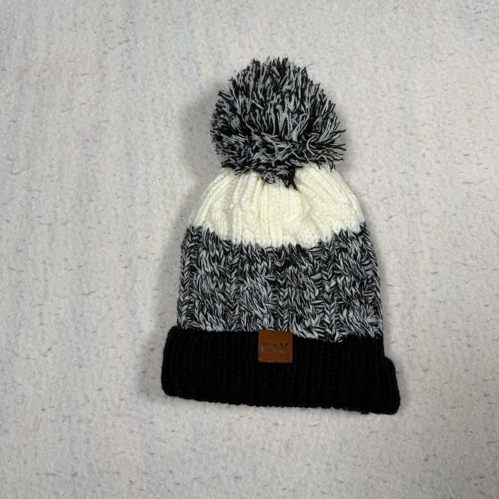 C&K Cable Knit Beanie Black Grey Cream Pom Pom Faux Fur Lined Winter Hat
